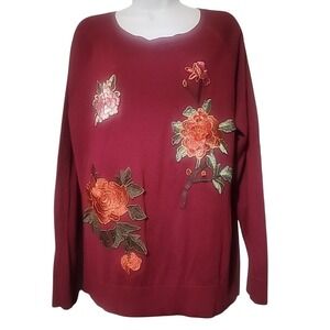 St Johns Bay Womens XL Burgundy Red Floral Applique Embroidered Pullover Sweater
